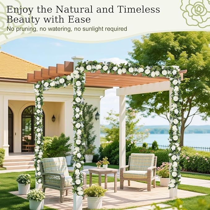 Lewondr Artificial Eucalyptus Garland with Flower - 4 Rose 4 Peony, 6FT Faux Floral Greenery Garlands Fake Flowers Vines, Maintenance-Free for Wedding Table Shelf Backdrop Party Room Decor, White