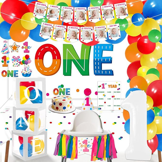 K1tpde 106CS Colorful Dot 1st Baby Shower Decoration, Colorful Birthday Party Set with Backdrop Arch Balloon Rainbow Dot Monthly Photo Display 1st High Chair Banner Tablecloth Hat Cake Topper Box