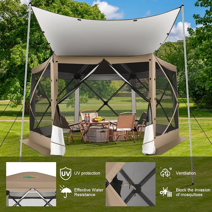 COBIZI 12x12 FT Pop Up Canopy Extendable Tent, Gazebos On Clearance with Removable Roof,Screened in Gazebo,Screen Tents Portable carpas para Patio for Outdoor Camping,Backyard, Garden,Khaki(Upgraded)