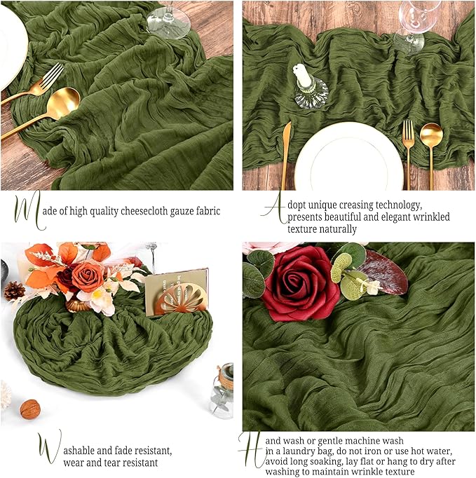 15 Pack Olive Green Table Runner 17 x 108inch Cheesecloth Table Runner Boho Gauze Table Runners Rustic Sheer Fabric Cheese Cloth Table Runners for Wedding Party Bridal Shower Farmhouse Thanksgiving
