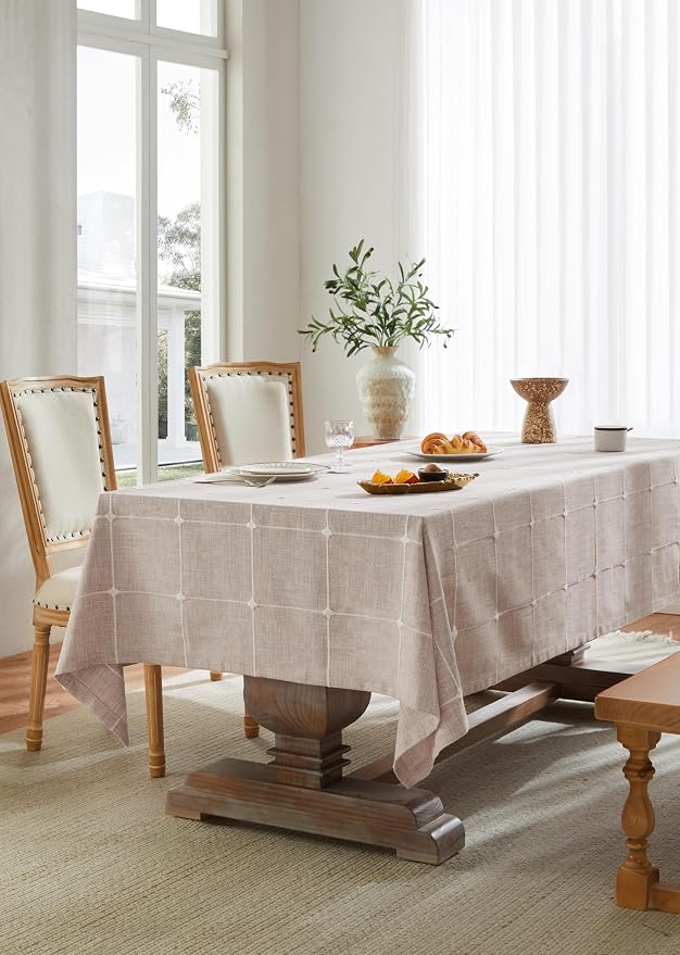ZeeMart Grid Embroidered Tablecloths 60x120 Inch (Fit 7ft–8ft, Narrow Fit 9ft Rectangle Table), Taupe Farmhouse Heavy Weight Cotton Linen Water Resistant Boho Table Cloth