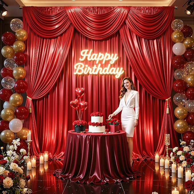 30x10ft Red Glitter Backdrop Curtain for Parties, Wrinkle Free Satin Photo Backdrop Drapes 6 Panels 5x10FT Shimmer Back Drop Cloth for Wedding Birthday Baby Shower Photography Background Decor