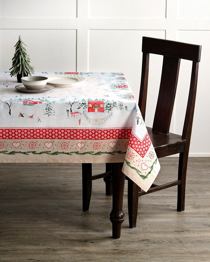 Maison d' Hermine Table Cloth Rectangle Table 100% Cotton 60 x 108 Inches Fall Tablecloth Reusable Everyday Use for Thanksgiving Christmas Decorations Dining Farmhouse Party (Rural Christmas)
