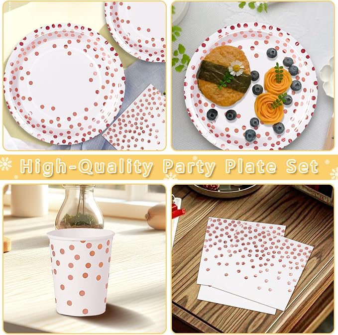 Nkaiso 193 Pcs Rose Gold Paper Plates and Napkins Party Supplies Sets Include White Party Plate Cup Napkin Plastic Cutlery for Baby Shower, Wedding, Birthday Decoration -24 Guest