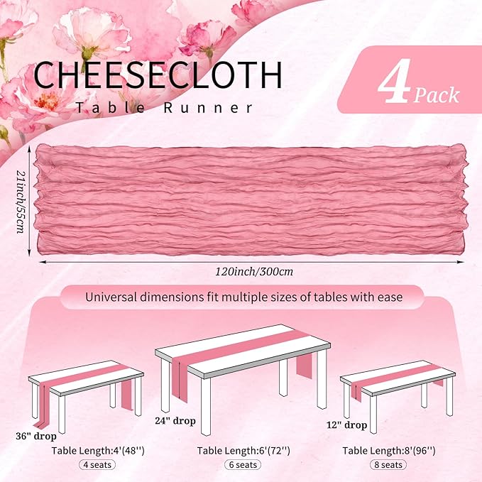 4 Pack Cheesecloth Table Runner 10FT Dusty Rose Table Runner Boho Gauze Cheese Cloth Table Runners Long Rustic Sheer Table Decorations for Wedding Party Baby Bridal Shower Birthday Holiday Home