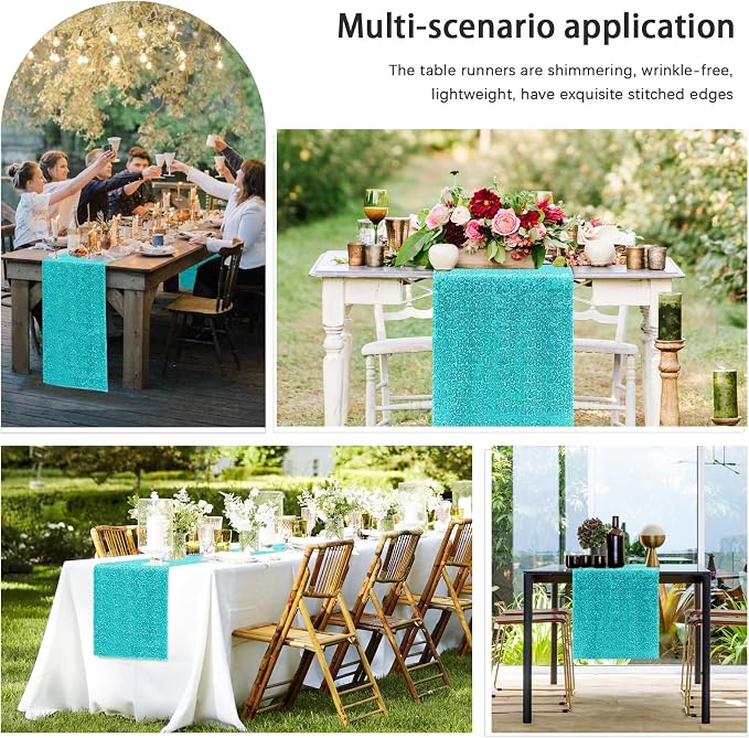 6 Packs 12 x 72 inches Sequin Table Runner, Turquoise Glitter Table Runner for Birthday Party Supplies Wedding Engagement Baby Shower Holiday Celebration Event Decorations