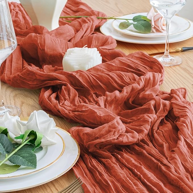 2PCS Fall Table Runner Cheesecloth 10FT Terracotta Boho Burnt Orange Gauze Cheese Cloth Rustic Sheer Table Runners for Wedding Bridal Baby Shower Party Decoration