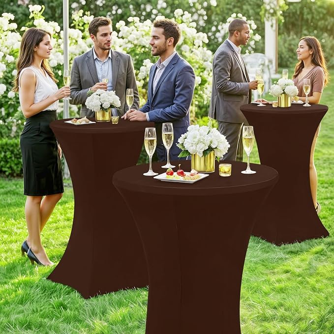 Moosfor Spandex Cocktail Table Covers 4 Pack, Elastic Fitted Stretch Table Cloth, Round High Top Tablecloths for Bar, Party, Pub, Wedding & Banquet (Coffee, 32x43 Inch)