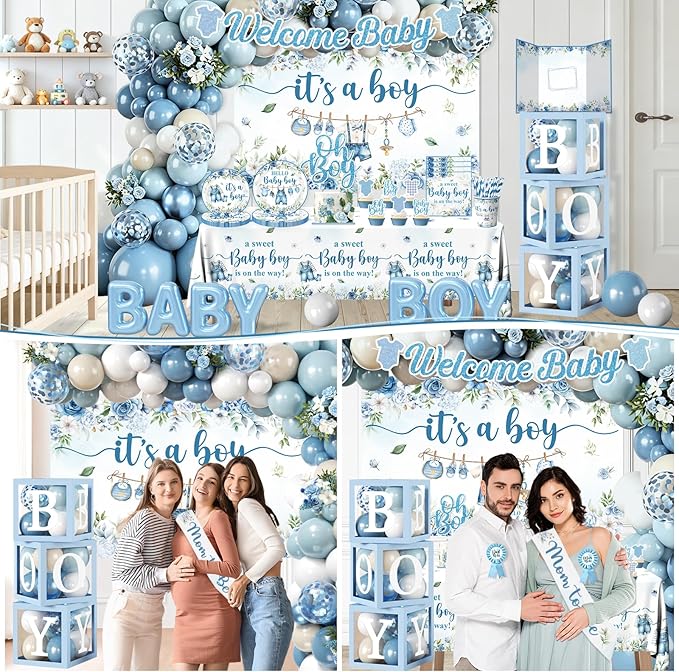 Baby Boy Shower Decorations, All-in-One Set with Boy Baby Shower Plates and Napkins, Balloon Arch, Cake Topper, Balloon Box, Banner, Tablecloth, Baby Shower Decorations Boy Serves 24