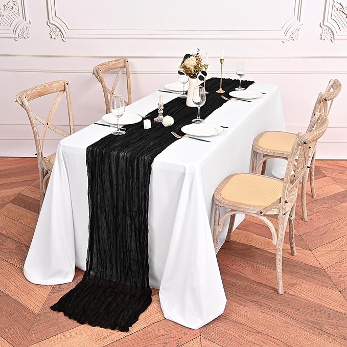 24 Pack Black Cheesecloth Table Runners,10FT Boho Gauze Table Runner,35x120inch Rustic Table Runner for Wedding Party Bridal Shower Thanksgiving Christmas Boho Table Decoration