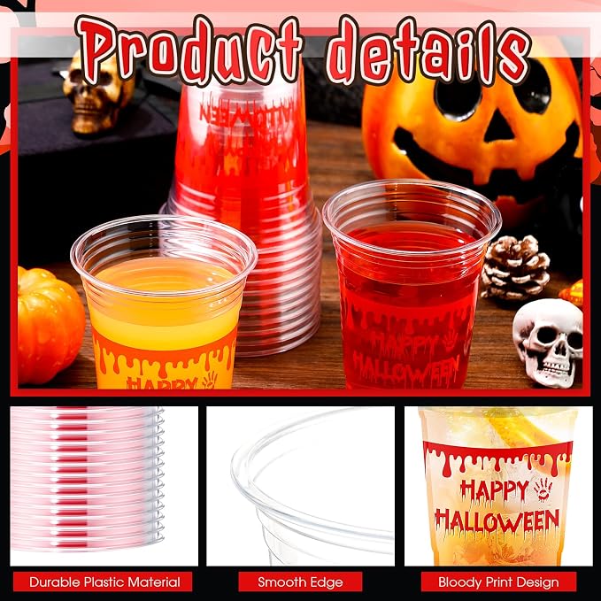 100 Pcs Halloween Plastic Cups 16 oz Clear Disposable Blood Print Halloween Cups Bulk for Trick or Treat Spooky Scary Party Supplies Decoration