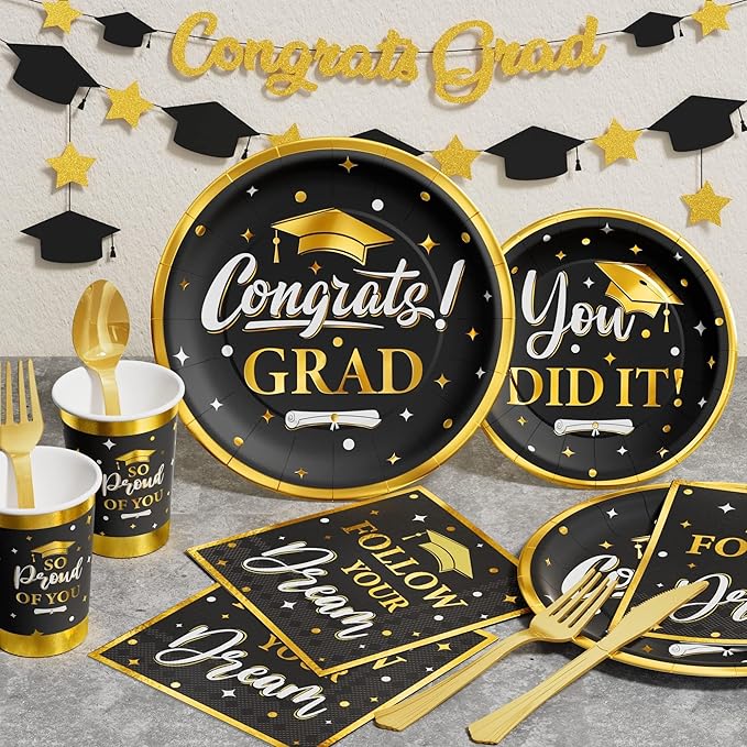 Ecomore Graduation Decoration Class of 2026, 350PCS Graduation Party Supplies Disposable Dinnerware(Serve 50) with Paper Plates Cup Napkin Fork Knife Spoon College High School Grad Decor(Black & Gold)