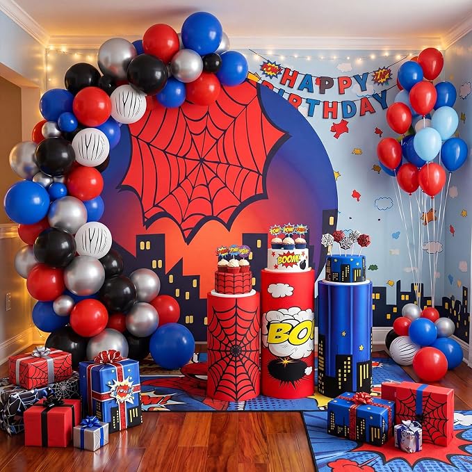 146 Pcs spider Arch Backdrop Cover Cylinder Stand Covers balloons set for party Photo Props 7.2 feet Round Backdrop spider Spandex Pedestal Covers for Birthday Baby Shower Ceremony Party Decor