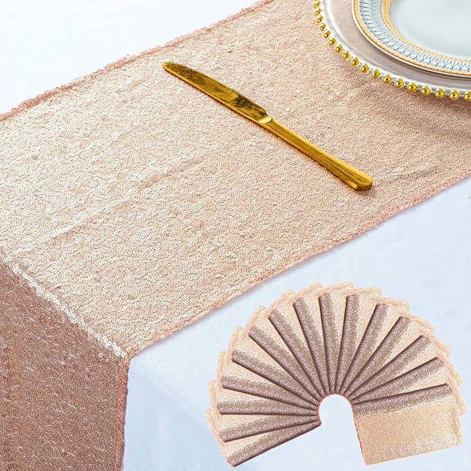 ShinyBeauty Champagne Table Runners Pack of 15 Wedding Decor Sequin Table Runner 12x108-Inch Outdoor Table Linen 108 Inches Long Birthday Wedding Party Tables Decoration