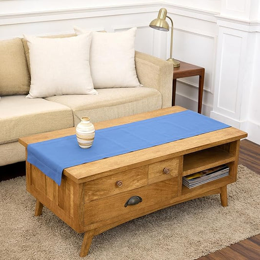 Solino Home Dusty Blue Table Runner 48 Inches - Cotton Linen Hemstitch Coffee Table Runner 14 x 48 Inch Ideal for Dresser Tables, Spring, Summer, Mothers Day
