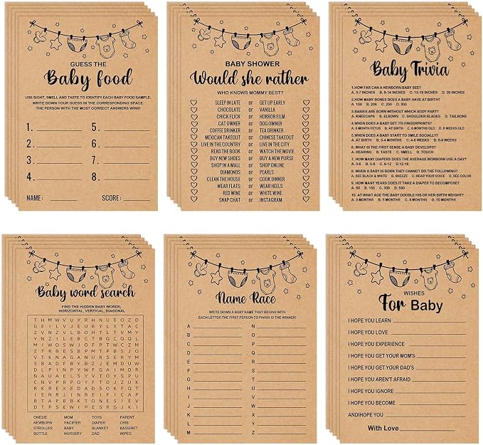 Baby Shower Games Bundle for 50 Guests, Stacking Games, Adults, 150 Game Cards & 1 Answer Card