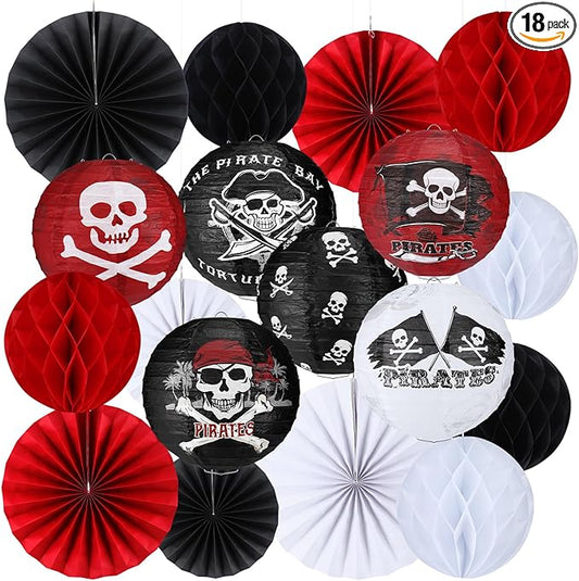 Baquler 18 Pcs Pirate Theme Party Decoration Pirate Skull Hanging Paper Lantern Fans Black Red Honeycomb Ball for Nautical Birthday Party Ornament Ceiling Decor Supplies