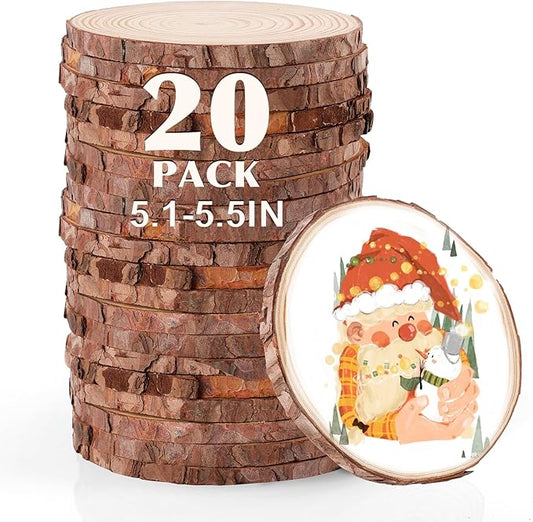 20 Pcs Unfinished Natural Wood Slices for Centerpieces.5.1-5.5 Inch Wood Rounds for Crafts. Wood Circles with Tree Bark for DIY Crafts,Centerpiece Table Decorations.Baby Shower centerpieces.