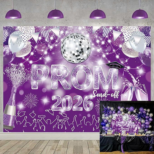 2026 Graduation Prom Backdrop Celebration Graduation Purple Silver Glitter Disco Ball Send Off Photography Background School Class of 2026 Prom Night Party Decor Banner (Purple Silver, 7x5FT)
