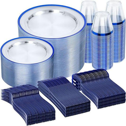 N9R 600PCS Disposable Plastic Plates, Blue Plastic Dinnerware Set Includes 100 Dinner Plates, Dessert Plate, Cups, Spoons, Forks, Knives for 100 Guests, Perfect for Party, Wedding, Birthday