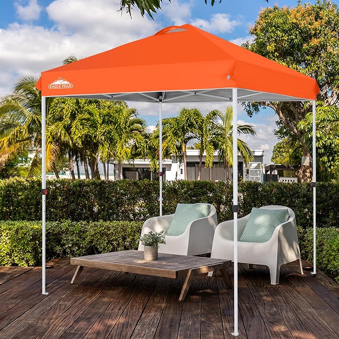 EAGLE PEAK Pop Up Canopy Tent with Wheeled Carry Bag, 8 Stakes, 4 Ropes, Easy Set Up Tent Canopy, 6.6x6.6 ft, Orange