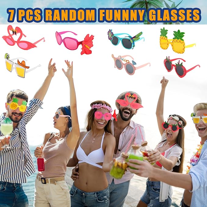 Bulk Summer Hawaiian Photo Booth Props, Luau Photo Props, Funny Hawaiian Sunglasses, Tropical Fancy Dress Props, Photo Booth Props Sets for Hawaii/Tropical/Tiki/Summer/Beach Theme Party Supplies