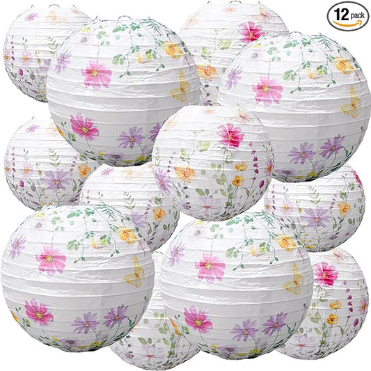Baquler 12 Pcs Spring Wildflower Paper Lanterns Party Decorations Pink Purple Floral Hanging Lanterns 3 Styles for Baby in Bloom Baby Shower Wedding Garden Tea Summer Home Indoor Outdoor Party Decor