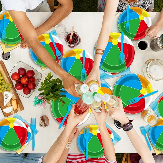 Qyeahkj 50 Guests Beach Pool Ball Party Plates and Napkins Tableware Set Summer Pool Beach Birthday Party Dinnerware Supplies Favors Decorations for Hawaiian Camp, 200PCS