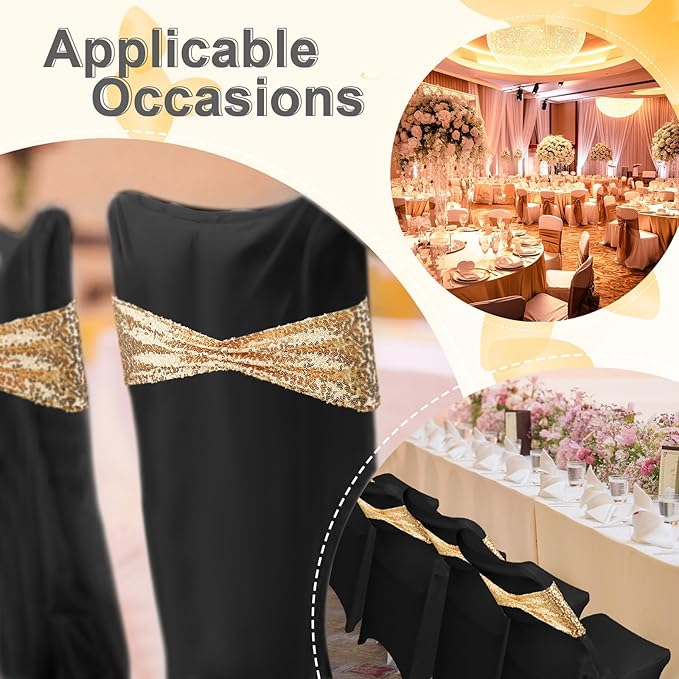 Windyun 50 Pcs Stretch Spandex Folding Chair Cover and Sequin Chair Sashes Set, 25 Double Sided Sequin Bows and 25 Universal Washable Protector for Wedding Banquet(Black, Gold)