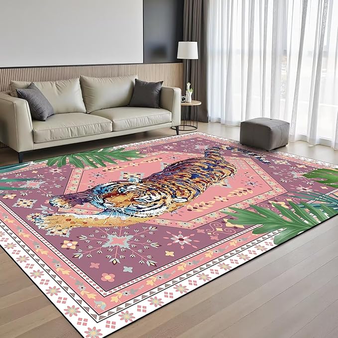 6' x 9' Pink Rug Tiger Floor Mat Bohemian Vintage Tropical Jungle Carpet Modern Indoor Living Dining Room Bedroom Porch Playroom Nursery Doormat Room Decor