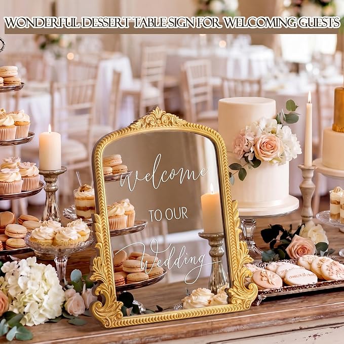 Bucherry Vintage Love Wedding Sign Welcome to Our Wedding Mirror Plaque Elegant Resin Frame with Mirror 12" x 7.5" Baroque Reception Decor Gold Table Centerpiece
