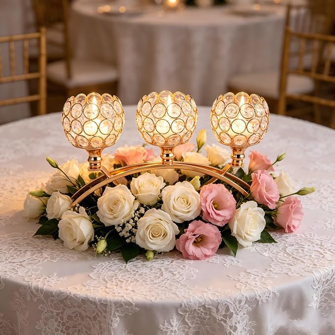 4Set Gold Crystal Candle Holders Decorative Candelabra for Wedding Centerpiece,Metal 3 Arms Candlesticks Holder Stand for Dining Table Living Room Home Decor, Party, Anniversary,Halloween,Christmas