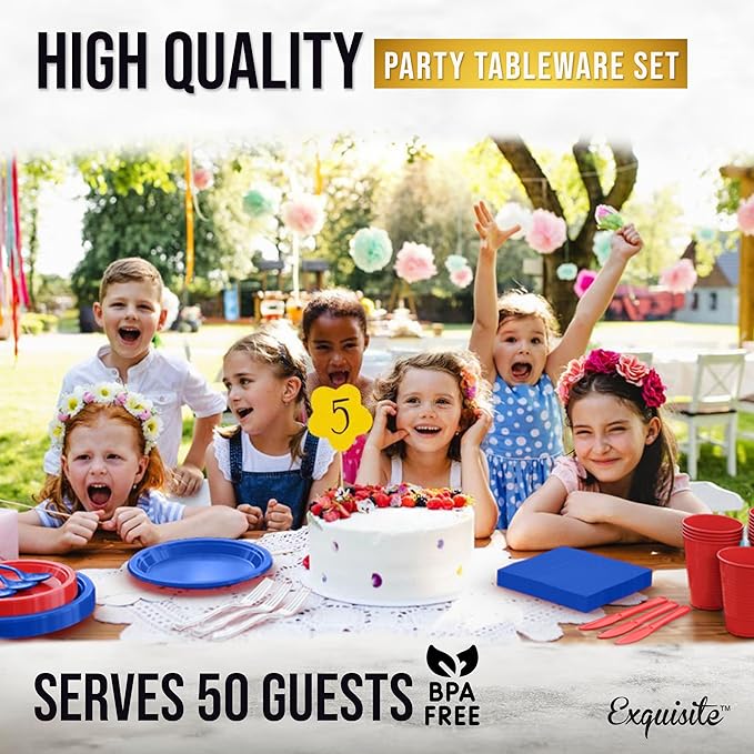 350 Pcs Patriotic Plastic Plates For Party, Patriotic Disposable Plates Set, 50 Of Each 9" Dinner Plate Set, 7" Dessert Plate, Cups, Napkins & Cutlery Plastic Dinnerware Set Exquisite