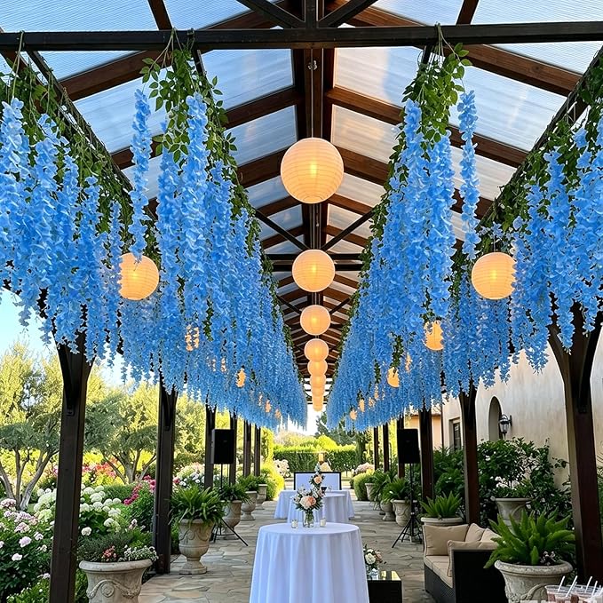 Artificial Wisteria Hanging Flowers Fake Wisteria Flower Garland Silk Vines Rattan Decor for Home Wedding Arch Wall Garden Greenery Bedroom Outdoor Office Party Decoration (24, Blue)