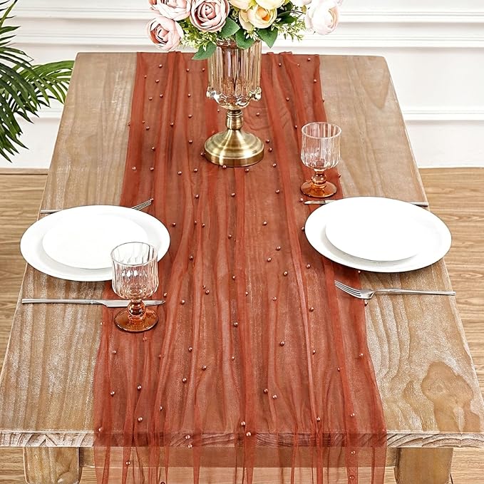 Pearl Gauze Table Runner Tulle Fabric: 10ft Seasonal Dessert Chiffon Pearl Lace Boho Overlay Wedding Veil Outdoor Wedding Aisle Runner Party Decorations Doilies, Terrcotta