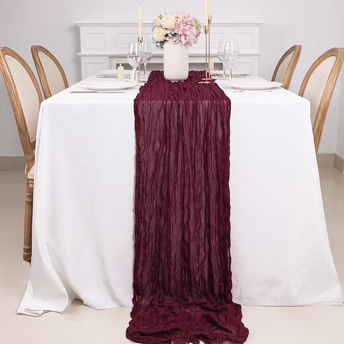 Snowkingdom Burgundy Red Easter Spring Table Runner, 10 Ft Cheesecloth Gauze Rustic Boho Cheese Cloth Runner for Wedding Birthday Bridal Baby Shower Christmas Holiday Long Sheer Home Decorations