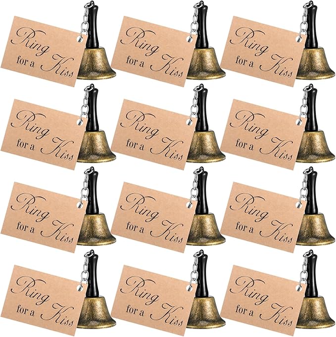 Lounsweer 12 Set Wedding Bells Bulk Ring for a Kiss with Tags Kissing Bells for Wedding Reception Decorations Goodies Bags Party Supplies