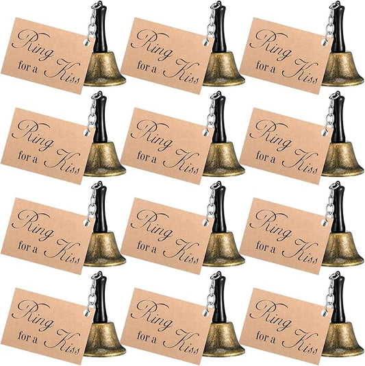 Lounsweer 12 Set Wedding Bells Bulk Ring for a Kiss with Tags Kissing Bells for Wedding Reception Decorations Goodies Bags Party Supplies