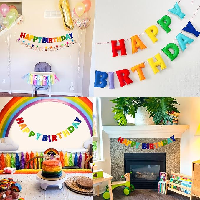 Pre-Strung Happy Birthday Banner - Felt Ball Garland, Rainbow Party Decorations, HAPPY BIRTHDAY Garland, Personalized Birthday Sign for Birthday Decor, Party Decor, Photo Prop (Rainbow Themed Happy Birthday Banner)