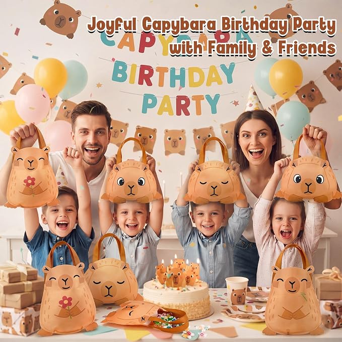 Locmeo 24 Pcs Capybara Party Favors Bags 10 Inch Capybara Birthday Gift Bags Bulk Nonwoven Reusable Tote Bag with Handle for Goodie Snack Treat Cute Capybaras Party Supplies Birthday Decoration