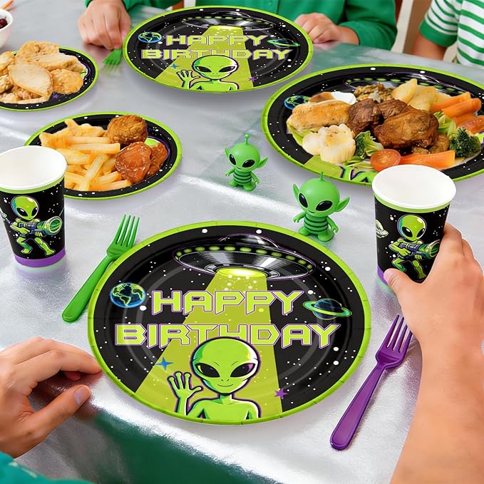 NeoRov 301 Pcs Alien Birthday Party Decorations Tableware Balloon Arch Set | Service 25 Guests | All-In-1 Pack Includes Backdrop, Tablecloth, Balloon Boxes, Balloon Kit | For UFO Theme Party