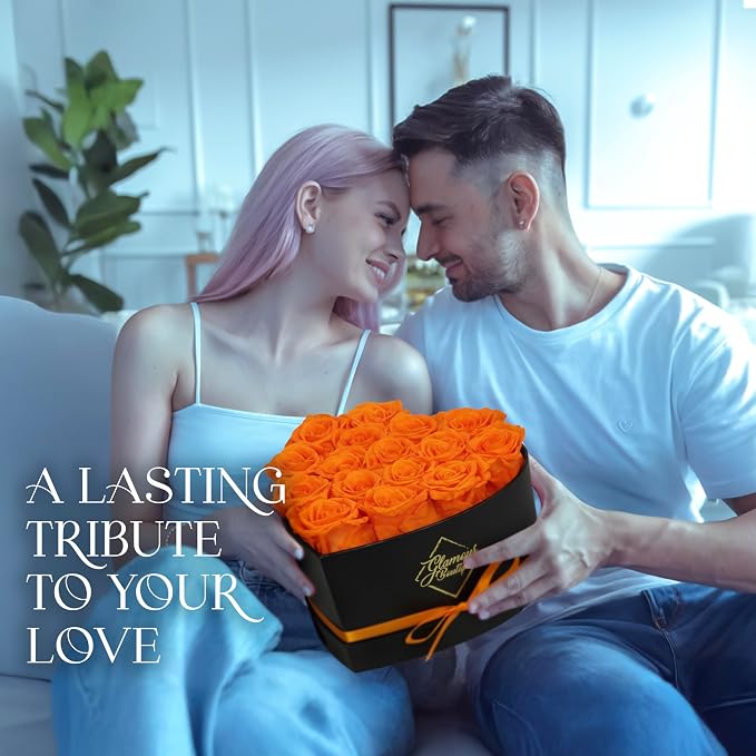 GLAMOUR BOUTIQUE 16 Flower Forever Heart Shape Box, Mothers Day Gift For Mom, Eternal Preserved Roses Gift for Her, Flowers bouquet, For Birthday, Anniversary, Girlfriend - Orange (Color-Treated)