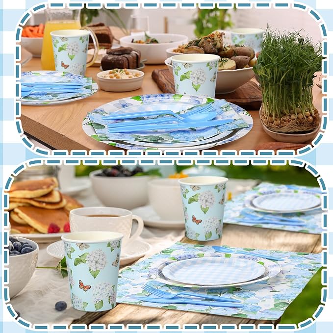 Sinmoe 400 Pcs Summer Hydrangea Floral Plates and Napkins Set Blue Flower Dinnerware Disposable Party Supplies for 50 Guest Dinnerware Knife Fork Spoon for Summer Hydrangea Birthday Party Decoration