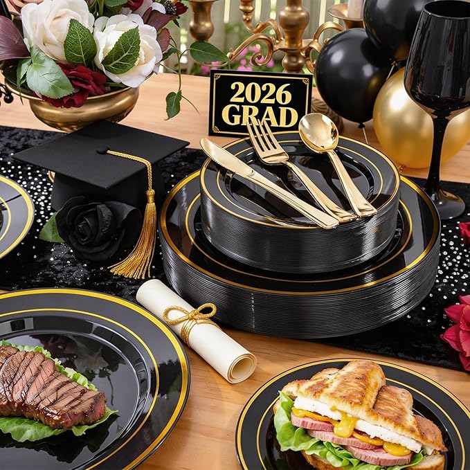 WELLIFE 210PCS Black and Gold Plastic Plates - Plastic Dinnerware Set for 30 Guests,Include 30 Dinner Plates, 30 Dessert Plates, 30 Black Cups 9 OZ, 30 Pre Rolled Napkins with Gold Silverware