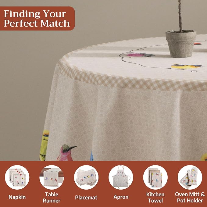 Maison d' Hermine Table Cloth Round Table 100% Cotton 63 Round Inches Tablecloth Reusable Decorative for Dining Kitchen Room Farmhouse Party Home Hotel Restaurant Spring Summer - Birdies on Wire