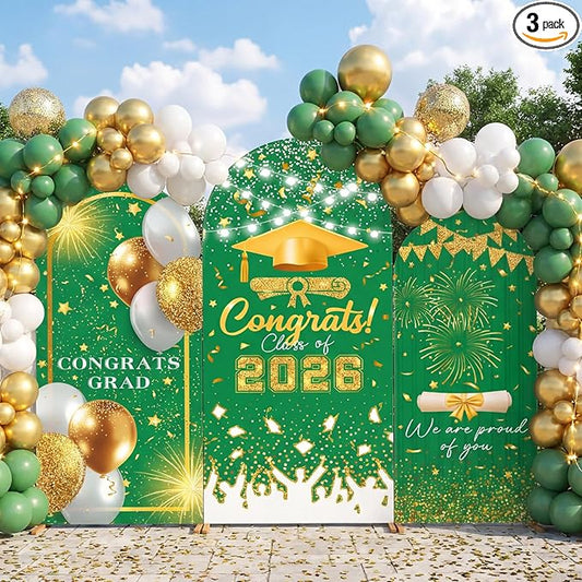 WovWeave Graduation Arch Backdrop Stand Cover Set of 3-4ft 5ft 6ft Grad Arch Cover Photo Booth Backdrop Decorations for Graduation Party Decor Supplies(Green Gold,Congrats)