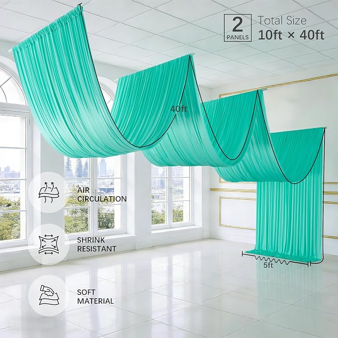 10ftx40ft Mint Green Ceiling Curtain for Wedding Parties – 2 Panels Wrinkle-Free 40 FT Long Tent Draping Curtains for Wedding, Birthday & Theme Parties, 40ft Height with Rod Pocket