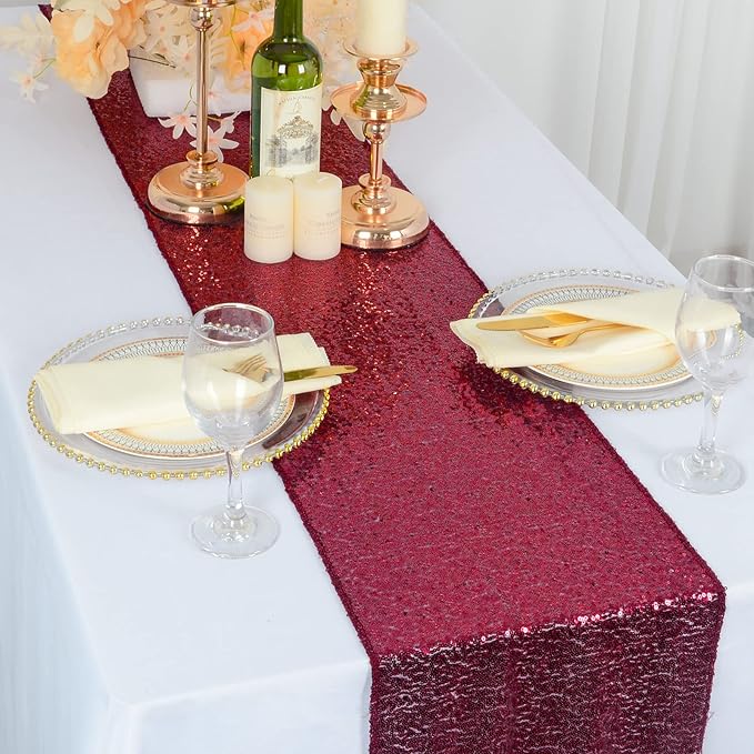 ShinyBeauty Sequin Table Runner 12''x108'' 2 Packs Burgundy Glitter Table Runners 108 Inches Long Wedding Table Runner， Christmas, Kitchen, Birthday Party