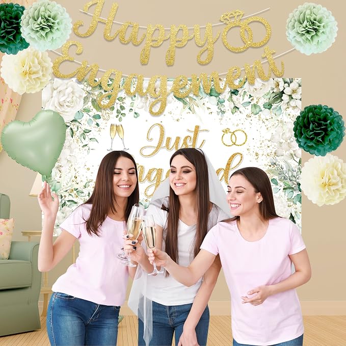 Sage Green Engagement Party Decorations for Couple Just Engaged Decorations, Happy Engagement Banner, Backdrop, Tissue Paper Pom Poms, Balloons, Tassel Garland for Wedding Bachelorette Party Decorations
