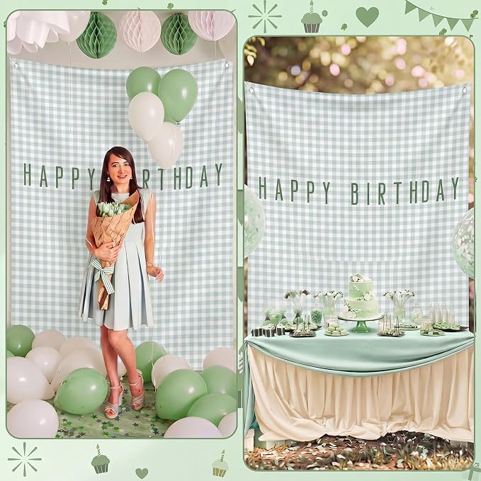Flutesan 7x5ft Green Gingham Happy Birthday Backdrop Large Banner Fabric Tapestry Birthday Party Decoration Baby Shower Linen Rustic Background Wall Photo Props Indoor Outdoor